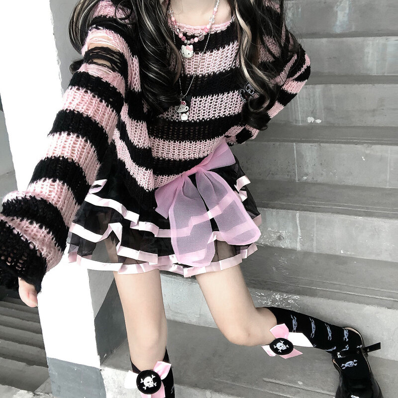 Karrram Pink Striped Gothic Sweaters Women Ripped Holes Loose Knitted Pullover Frayed Fairy Grunge Jumpers Emo Streetwear Lolita