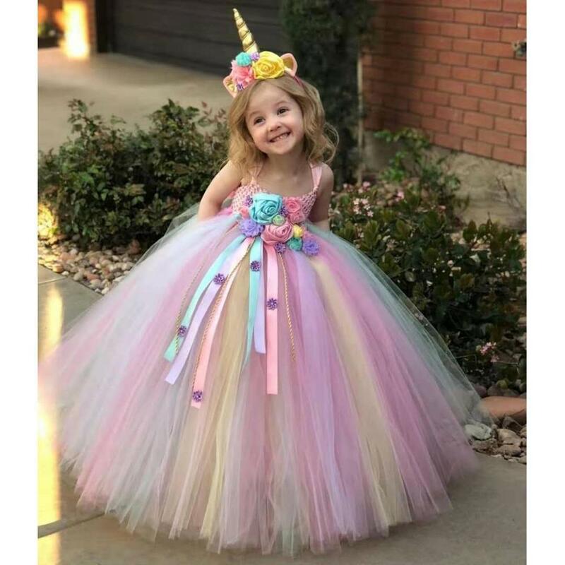 Vestido largo de unicornio para niña, banda para el pelo, vestido de flores de princesa, vestido de fiesta de cumpleaños, vestido de noche