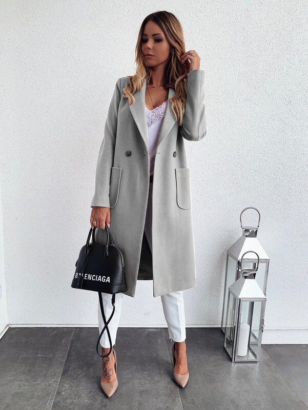 Casaco de lã inverno feminino retro manga comprida bolso outwear vintage plus size streetwear roupas femininas escritório senhoras trincheira