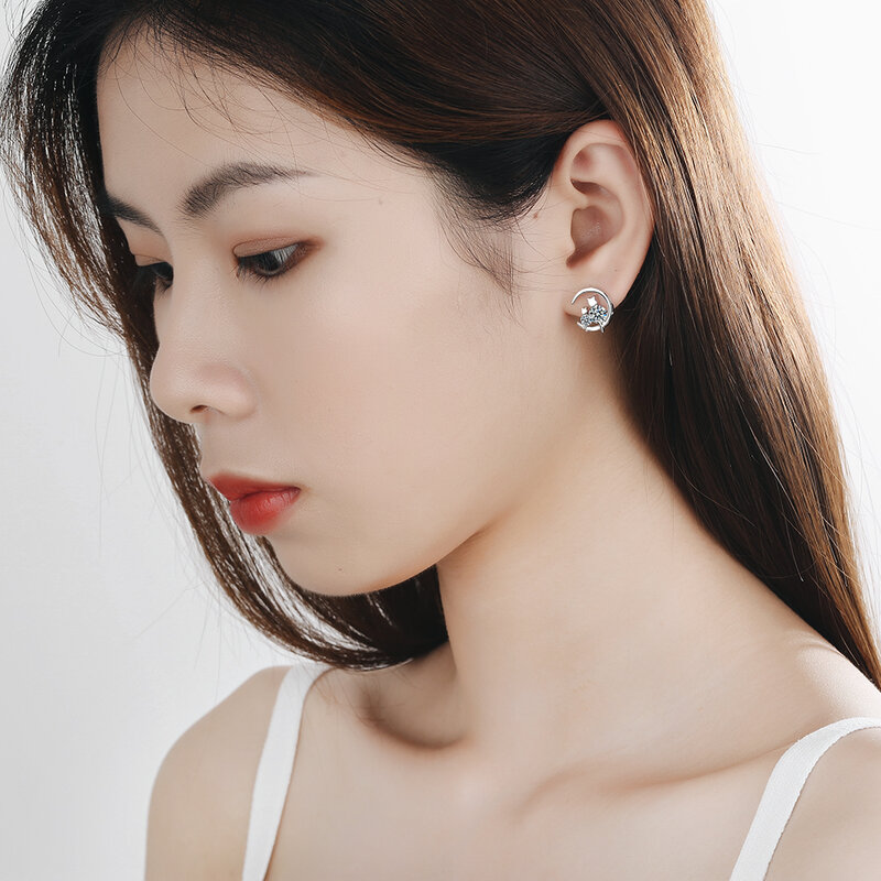 ANENJERY Simple Cute Cat Stud Earrings For Women Silver Color Zircon Earrings Gift S-E910