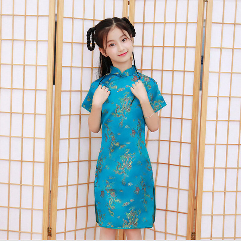 Vestido sedoso Cheongsam cetim para meninas, vestidos de princesa fofos, vestido de festa, roupas lindas de ano novo