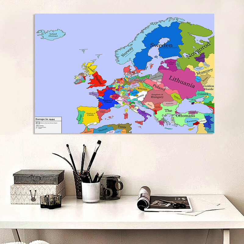유럽 빈티지 지도 1444 대형 포스터 레트로 부직포 캔버스 그림, 학교 용품, 가정 장식, 225x150 cm