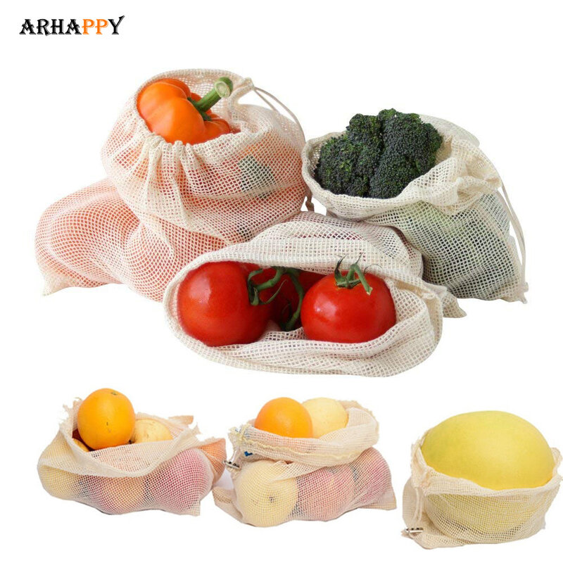 Bolsa reutilizable de algodón de malla bolsas de verduras para almacenamiento de verduras de frutas bolsas de malla con cordón reutilizable bolsa de compras