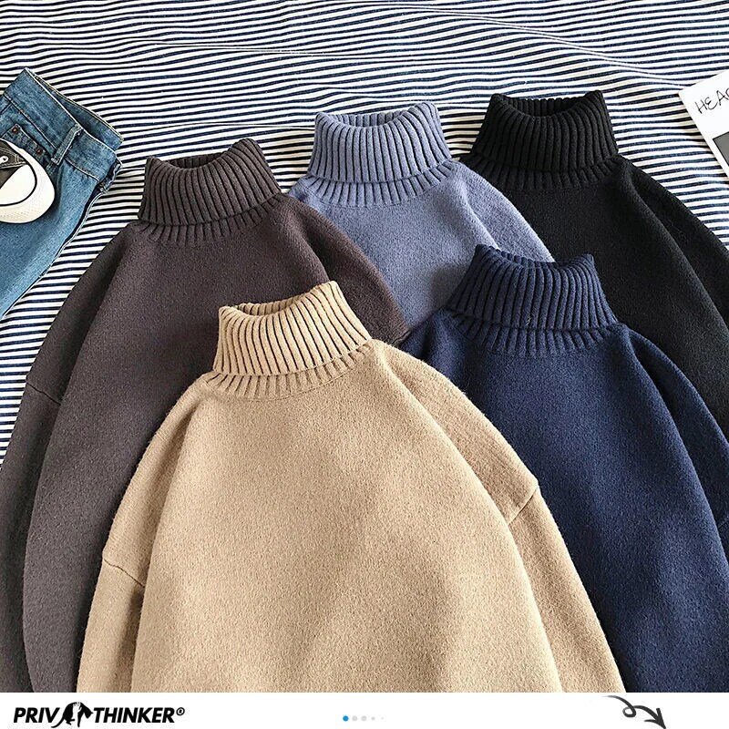 Privathinker Winter Warm Men's Turtleneck Sweaters Solid Korean Man Casual Knitter Pullovers 2023 Harajuku Male Fleece Sweaters