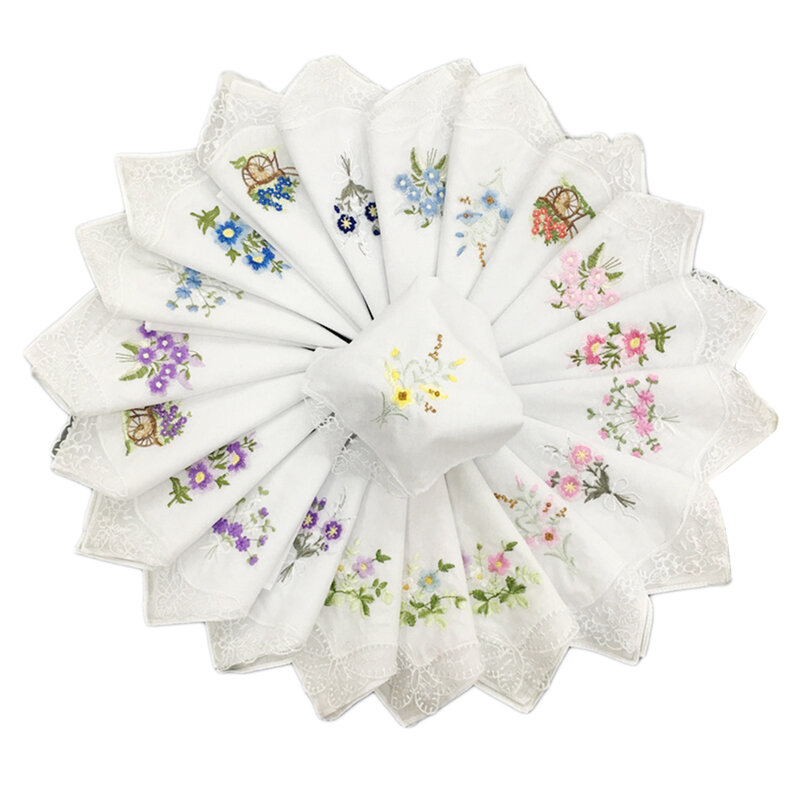 12 sztuk klasyczne bawełniane piękne chusteczki kobiety zmywalny kieszeń haftowane koronki Hankie ręcznik Lot 28x28cm