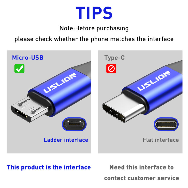 USLION-Micro USB Cabo de Carregamento Rápido, Cabo de Dados, Samsung, Xiaomi, Huawei, Realme, OPPO, Celular Android, 3A, 0.5 m, 1 m, 2 m, 3m