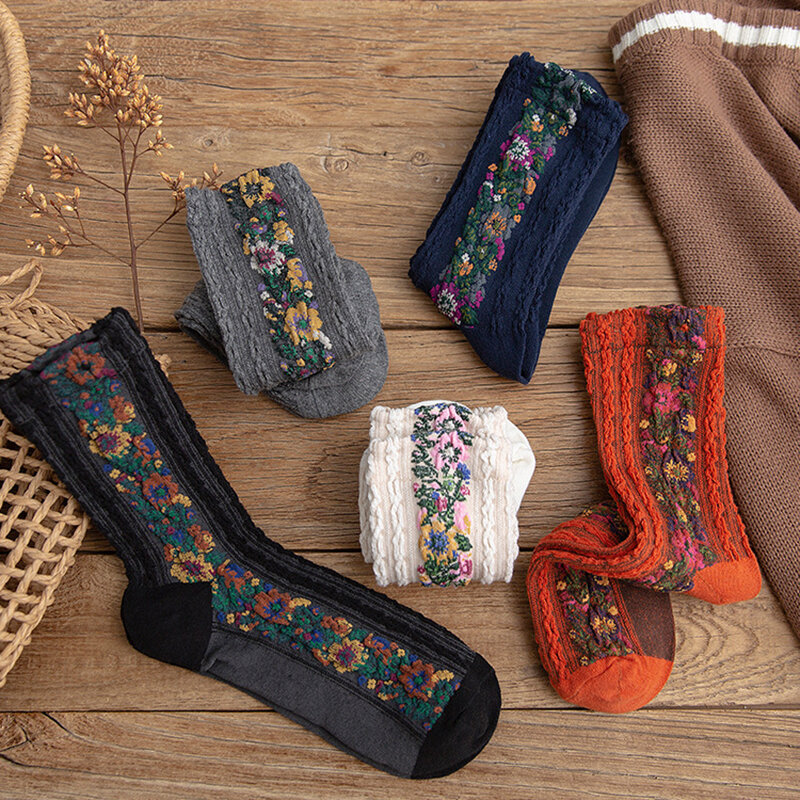 Новинка 2019, модные женские носки, хлопковые европейские Этнические женские носки с цветами на осень и зиму, теплые и милые