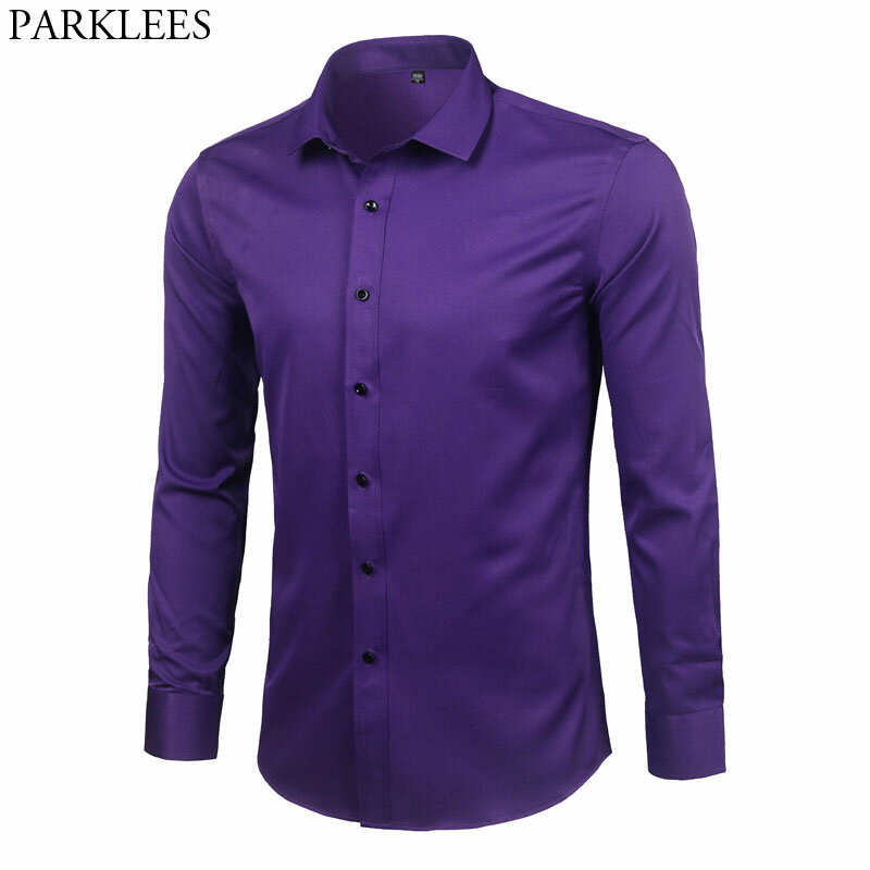 Camisa de vestir de fibra de bambú púrpura para hombre, camisa de manga larga ajustada, no de hierro, de fácil cuidado, Formal, nueva marca, 2023