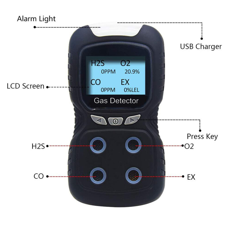 Testador de Qualidade do Ar com Display LCD Detector de Alarme de Gás Tóxico O2 e H2S Monitor de Oxigênio Instrumento de Medição 4 em 1
