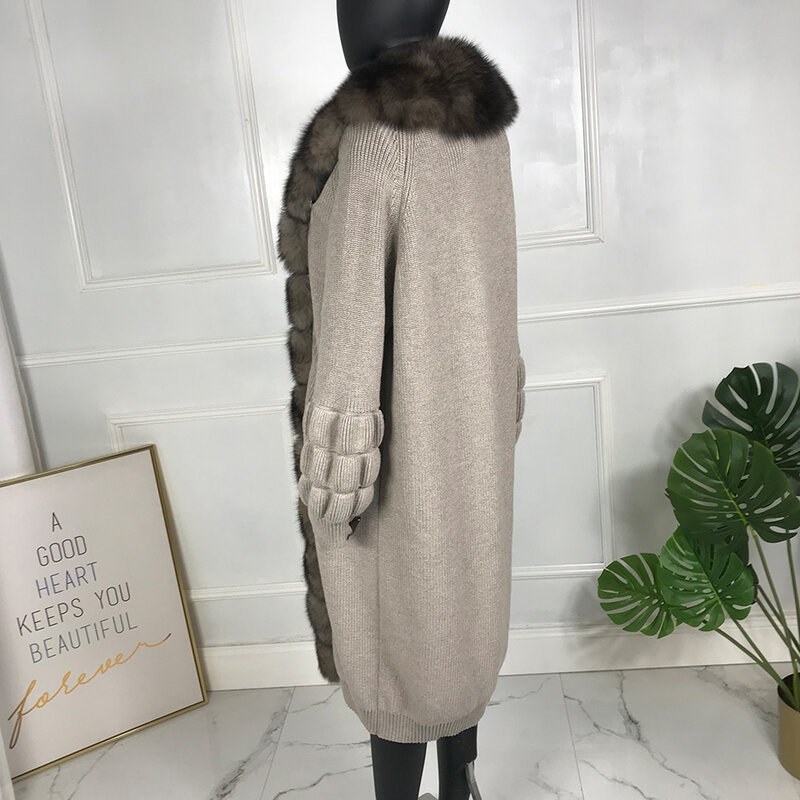 Cardigan Long en laine et cachemire pour femmes, pull à manches longues avec garniture en vraie fourrure de renard, automne et hiver