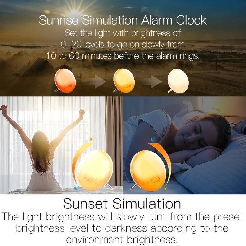WiFi Smart Wake Up Licht Arbeitstages Wecker mit 7 Farben Sonnenaufgang/Sunset Simulation 4 Alarme Kompatibel mit Alexa google Hause