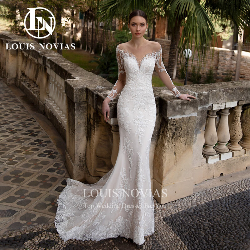 Louis novias ชุดแต่งงานนางเงือกสำหรับผู้หญิงชุดผ้าปะติดเสื้อลูกไม้แขนยาว2 in 1ชุดเจ้าสาว vestidos de Novia