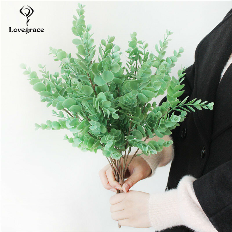 Pianta artificiale eucalipto plastica foglie finte albero verde 7 forchette/ramo per matrimonio decorazioni fai da te disposizione dei fiori fogliame finto