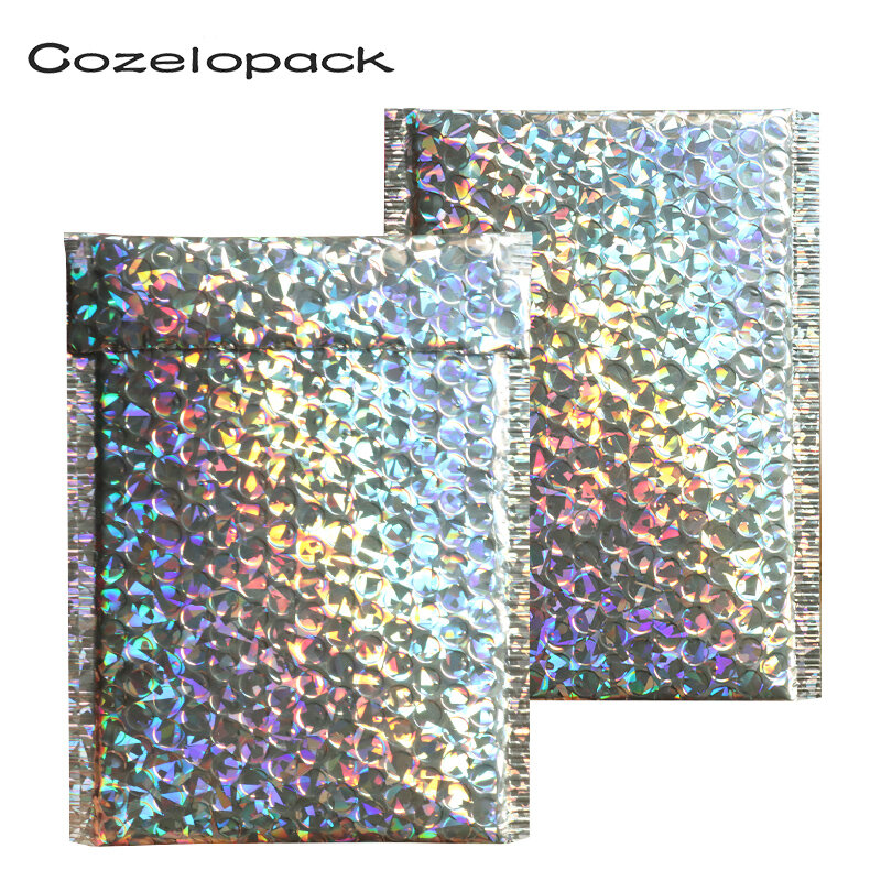 10PCS Holographic Metallic Bubble Mailer บรรจุภัณฑ์ของขวัญ Glamour สีเงิน Shades ฟอยล์เบาะการจัดส่งซอง