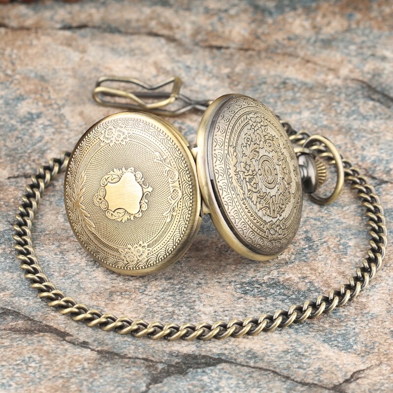 Criativo bronze/prata/ouro delicado esculpido padrão escudo quartzo bolso relógio analógico floral rattan pocketwatch com gancho corrente