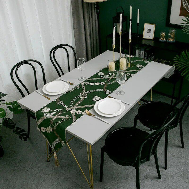 Dunxdeco テーブルランナーディナーテーブルカバー生地現代のシンプルなチェーンジャカードオレンジグリーンガーデンデスク装飾マット