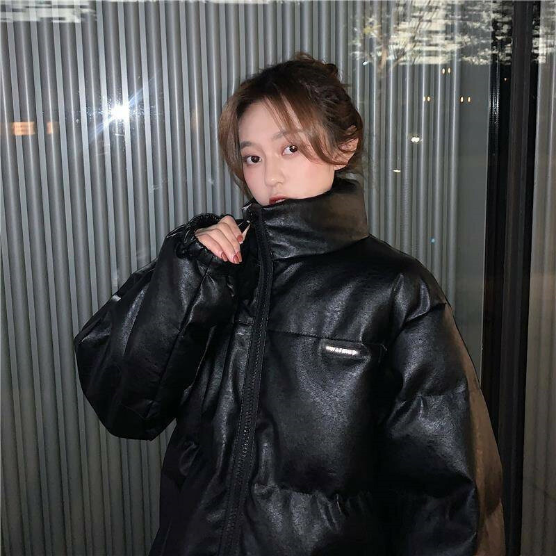 Winter 2023 New Women Cotton-Padded Coat Super Hot Shiny PU Leather Loose Thick Female Jacket Imitation Outwear814