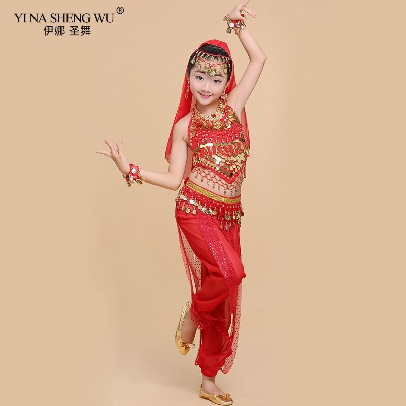 어린이 밸리 댄스 의상 세트, 동양 댄스 의상, 소녀 이집트 볼리우드 인도 밸리 댄스 의류, 인도 6 색 댄스 세트