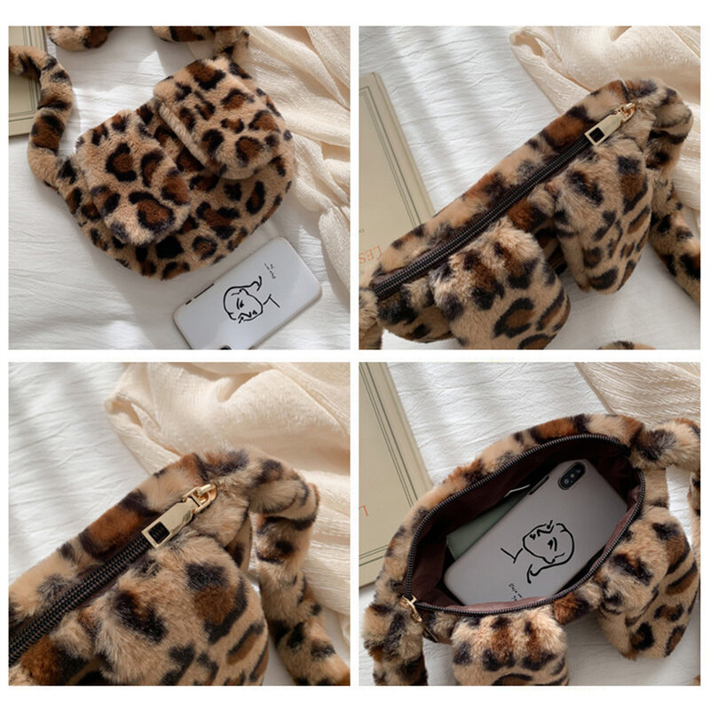 Leopard Print Faux Fur Women Shoulder Bag With Rabbit Ears Soft Winter Cute Plush Hand Bags For Women Fluffy Crossbody Bag Sac