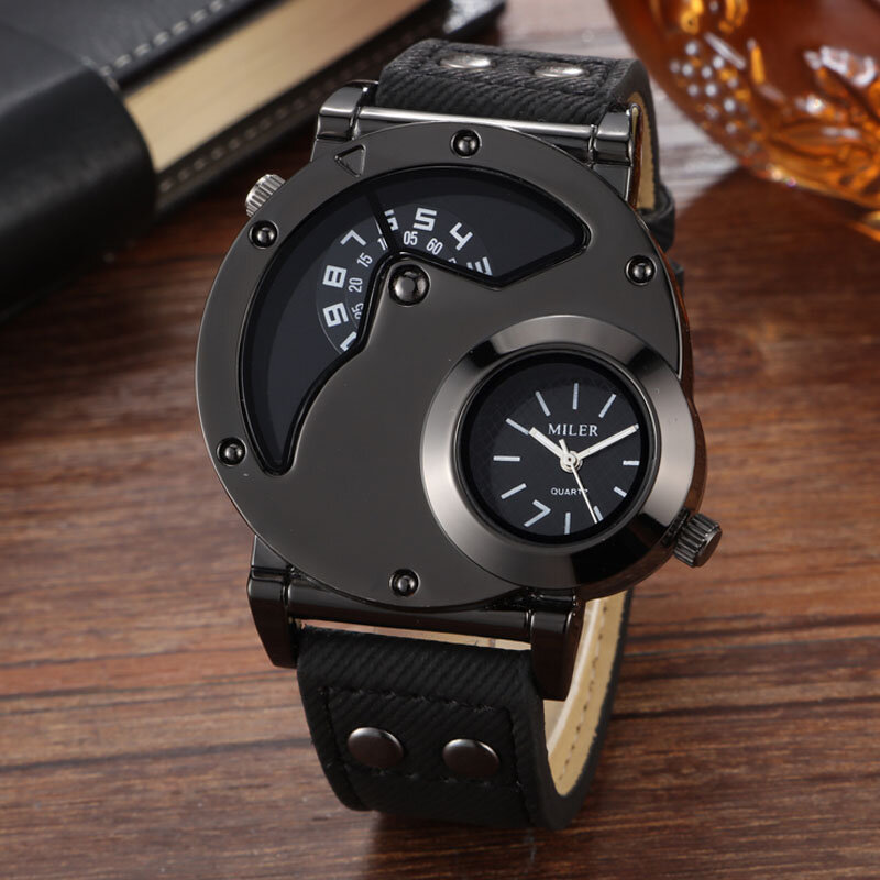 レロジオmasculino 2019男性スポーツ腕時計マイラー腕時計2タイムゾーンブルー生地レザーストラップクォーツ腕時計メンズ腕時計