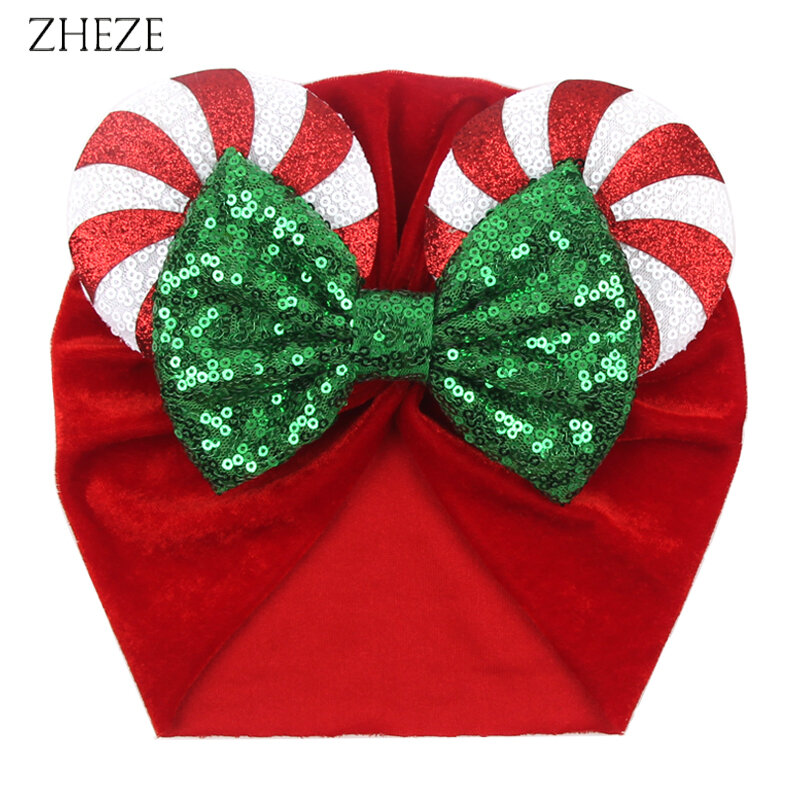 Turbante con orejas de ratón y lentejuelas para niños y niñas, tela de terciopelo suave, diadema infantil, gorro de Navidad, accesorios para el cabello de Festival DIY