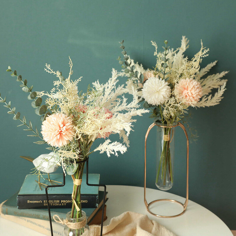 Nuovi fiori artificiali bianchi di alta qualità dente di leone di seta plastica eucalipto Bouquet ibrido matrimonio decorazione della casa fiore finto