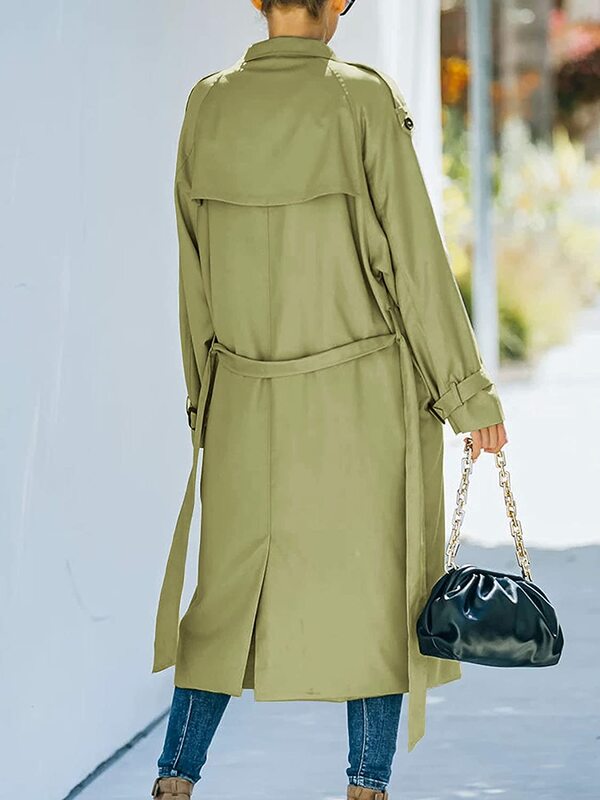 Casaco de trench longo trespassado duplo feminino com cinto, sobretudo à prova de vento, lapela clássica, manga comprida, streetwear feminino, outono