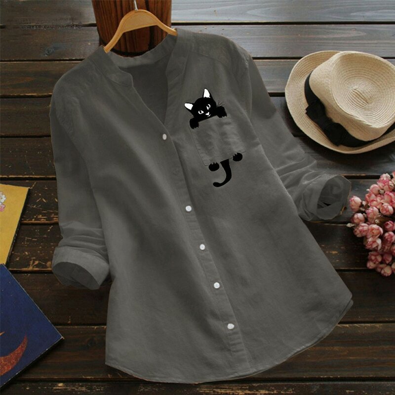 Women Shirt Cat Printed Pocket Cotton Linen Blouse V- Neck Casual Long Sleeve Shirt Button Down Top Clothes Chemise Femme 2021