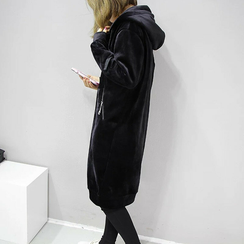 Новинка Осень 2021 толстые теплые базовые пальто с капюшоном женские свитшоты повседневные свободные женские зимние длинные черные флисовые толстовки для женщин