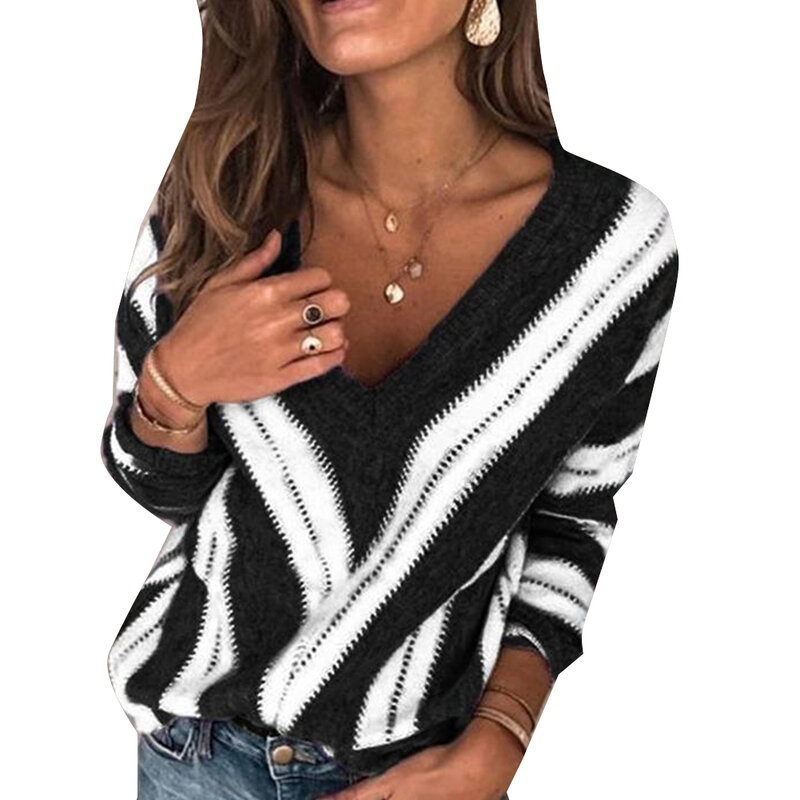 Fashion Women Autumn Long Sleeve V Neck Color Block Loose Plus Size Sweater hot sales 2020