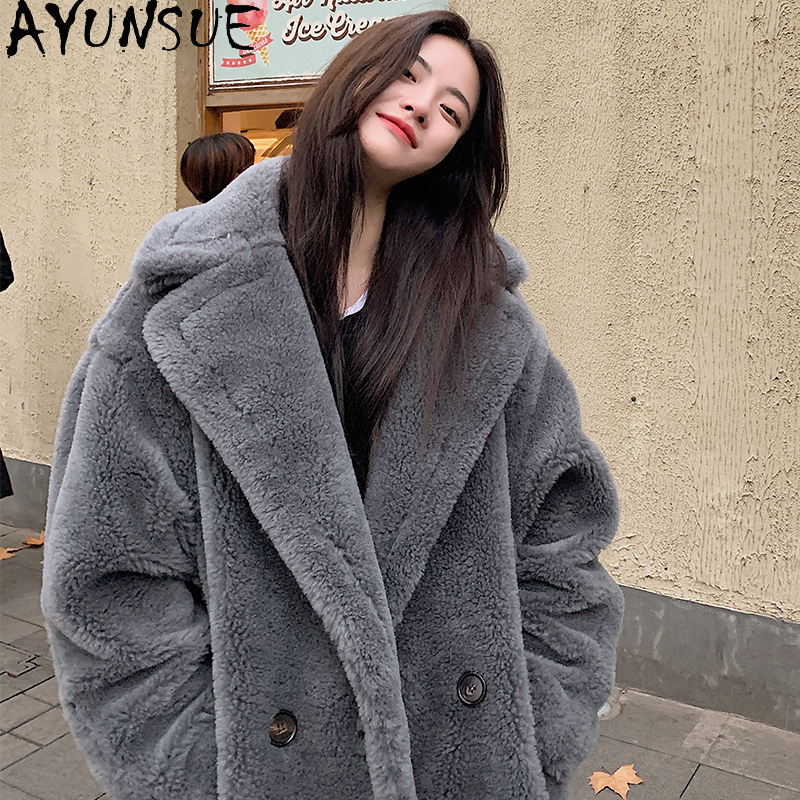 AYUNSUE – manteau Long en laine et fourrure de mouton véritable pour femme, vêtement chaud et décontracté, 100%, hiver 2021, Gxy213