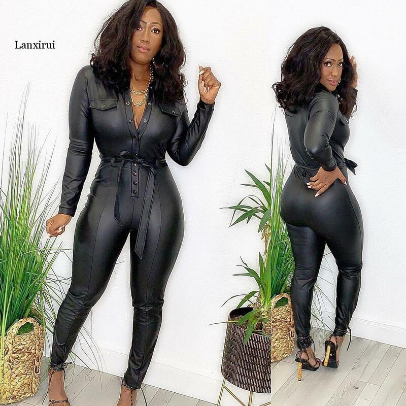 Long black faux leather jumpsuit women long sleeve zipper Plus size pu leather jumpsuits for women Streetwear