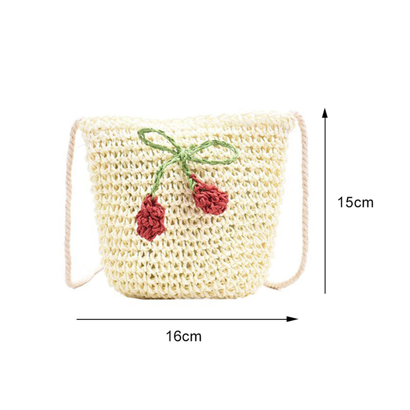 Bandolera de paja tejida sencilla para mujer, bolsa cruzada pequeña con adorno de cereza de moda, informal, lisa, para primavera y verano