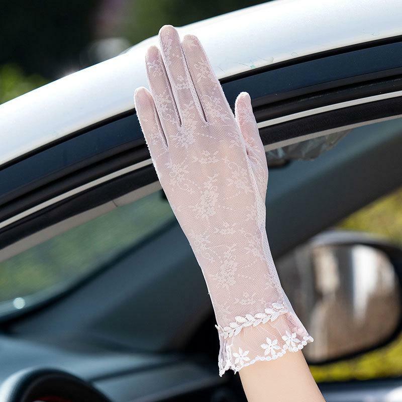 Fajne koronkowe rękawiczki letnie damskie koronka oddychający lodowy jedwab przeciwsłoneczny anty-ultrafioletowe długie antypoślizgowe rękawiczki do ekranu dotykowego