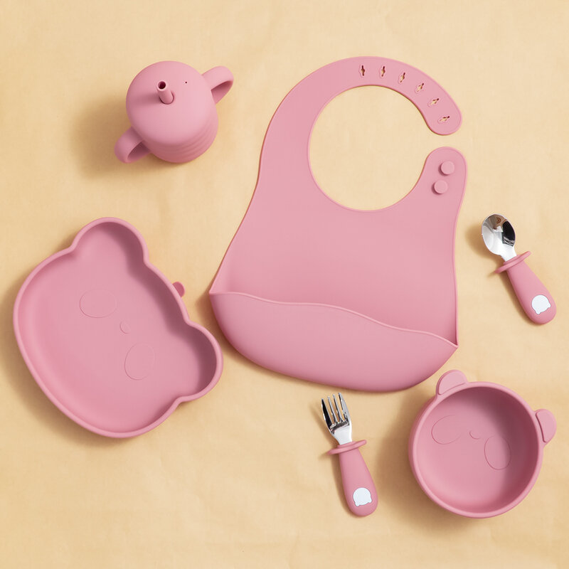 New Design Baby Feeding Solid Food Spoon Fork Set BPA Free Silicone Handle Cartoon Bear Stainless Utensil Children's Tableware
