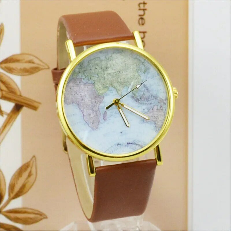 Free Shiping Womage Fashion Design Mini World Map Watches Leather Band Quartz Watches Ladies Leopard Watches Round Women Watches