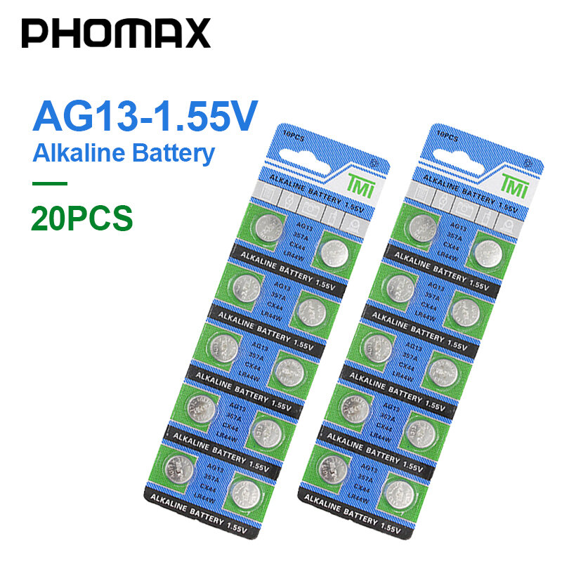PHOMAX-Batería de botón para equipos electrónicos pila alcalina de botón LR44 SR44 SR47 SG13 AG 13 1,55 V, PDA, lote de 20 unidades
