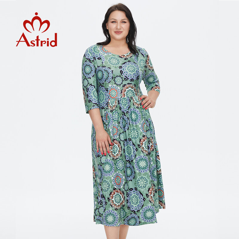 Astrid Women's Summer Dress 2022 for Women Loose Boho Casual Plus size Beach Flower Print silk Long Green Dresses With necklace