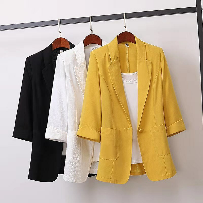 Mode Damen jacke einfarbig gelb schwarz Baumwoll stoff lose übergroße Mantel neue Frühling Sommer Jacken 2023 ol Damen anzug