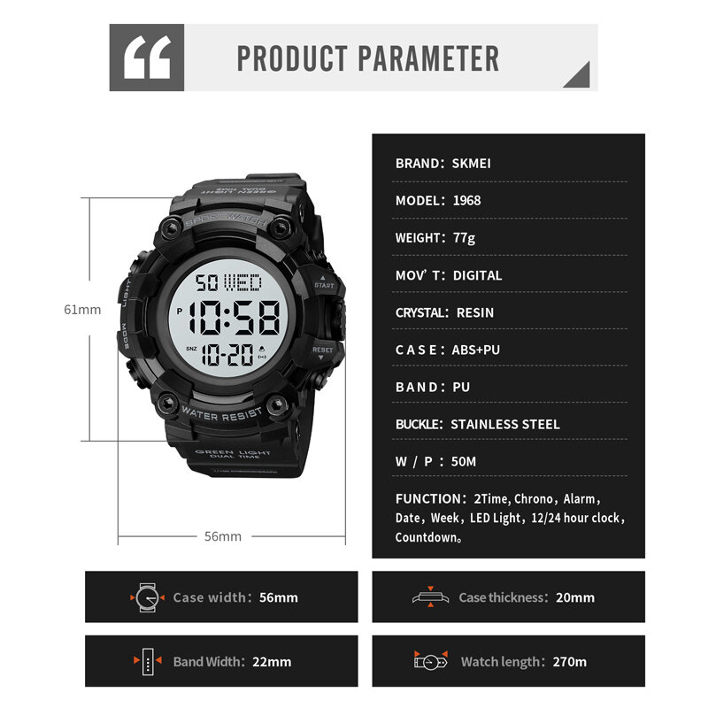 Luxe Dual Time Elektronische Horloge Mode Outdoor Countdown Stopwatch Digitale Horloges Mannen Polshorloge Merk Skmei Originele Klok