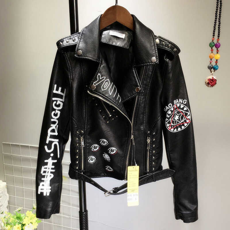 Chaqueta de cuero sintético con estampado de grafiti para mujer, abrigos de piel sintética suave, chaquetas de motocicleta Punk con cremallera, novedad