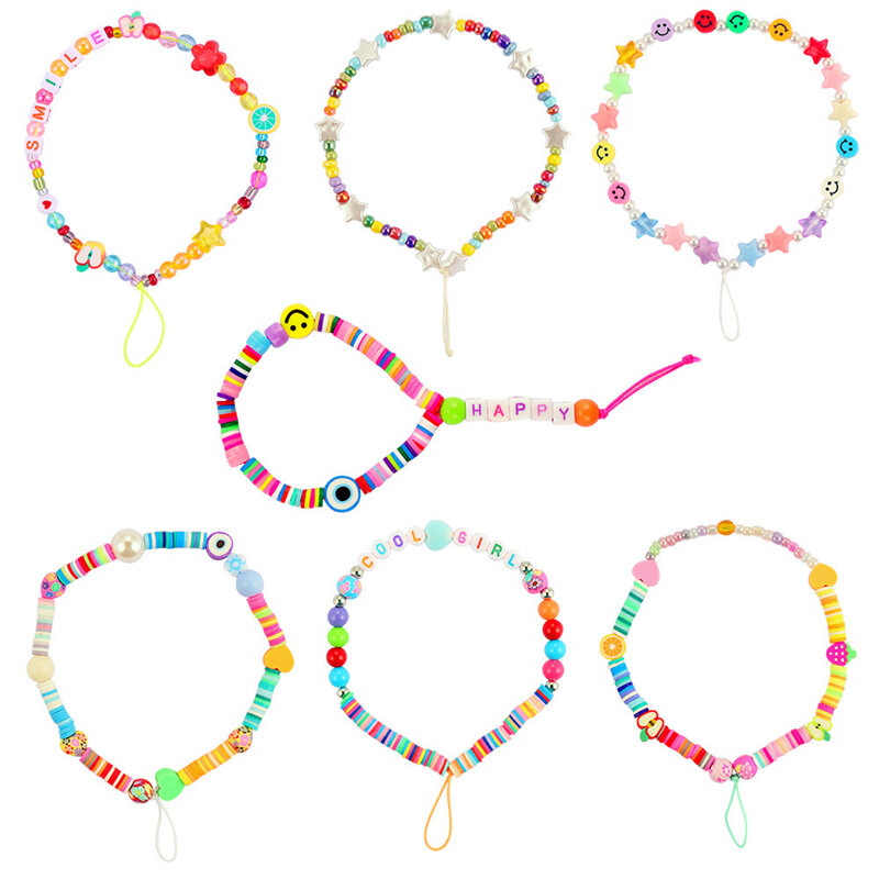 New Fashion Women's Mobile Phone Straps Colorful Fruit Stars Letters Beaded Slogan Soft Ceramic Mobile Phone Chains Accessories