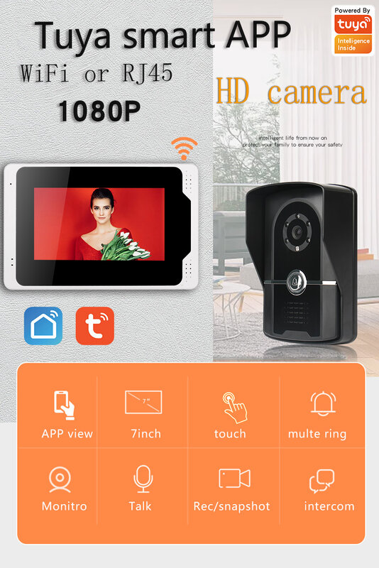 TFT 유선 비디오 인터콤 시스템, 문짝 전화 카메라, 지지대 녹화, 스냅샷 초인종, 7 인치, 1080P