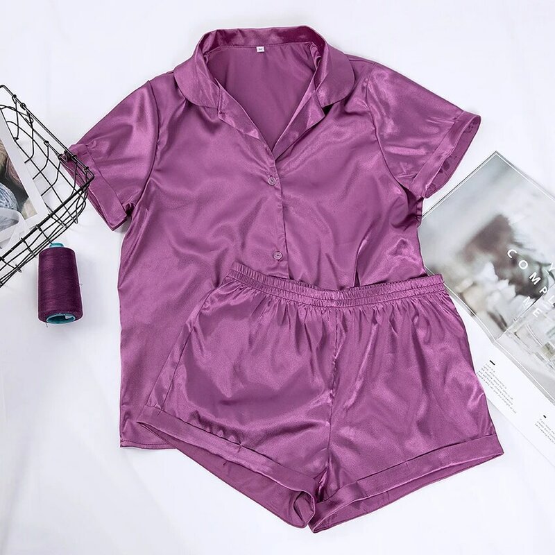 HiLoc Solid Satin Sleepwear Silk Pajamas Set Top And Shorts Two Piece Set Pyjamas Women Pajama Short Sleeve Home Suit Casual