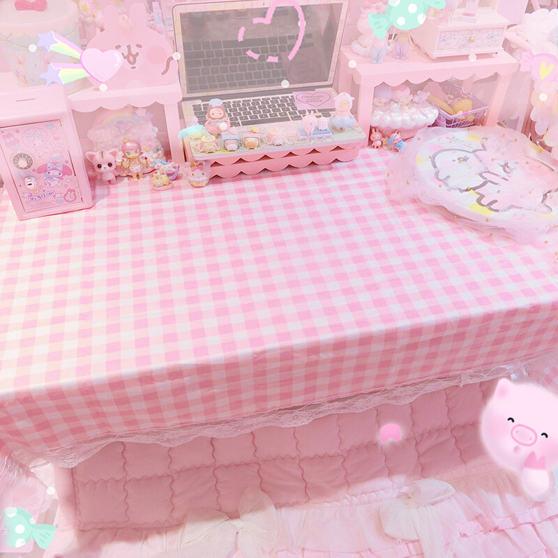 Desenhos animados xadrez rosa com borda de renda toalha de mesa, capa decorativa para meninas, pano para computador, laptop, festa moderna, 5208
