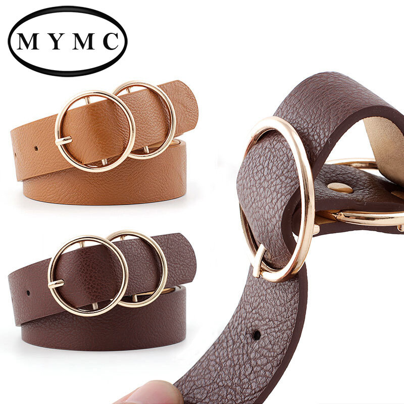 MYMC Ladies Casual Wide Belt with Double Round Buckle Jeans Waistband Student Fashion Women's PU Leather Belts for Jeans Trouser