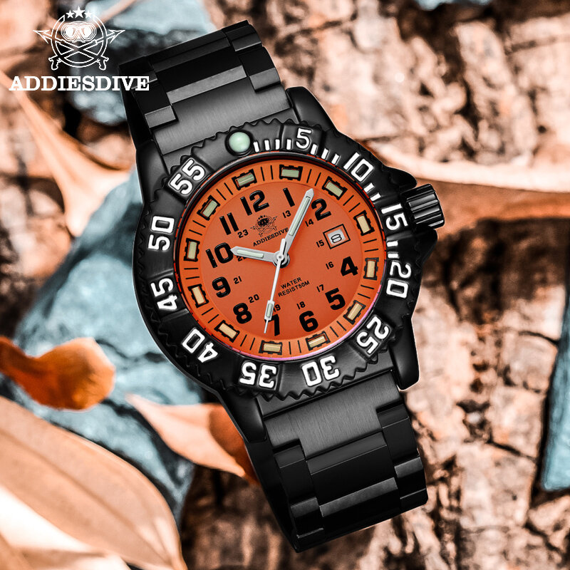 Addies Dive-Relógio de quartzo luminoso impermeável masculino, tubo casual fashion, mostrador laranja, aro rotativo, visor de calendário, 50m