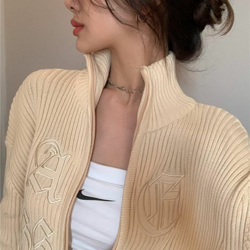 Sweater Women Pullovers Zip-up Long Sleeve Loose Cardigan Korean Chic Knitwear Outerwear Letter Embroidery Oversized Y2k Tops