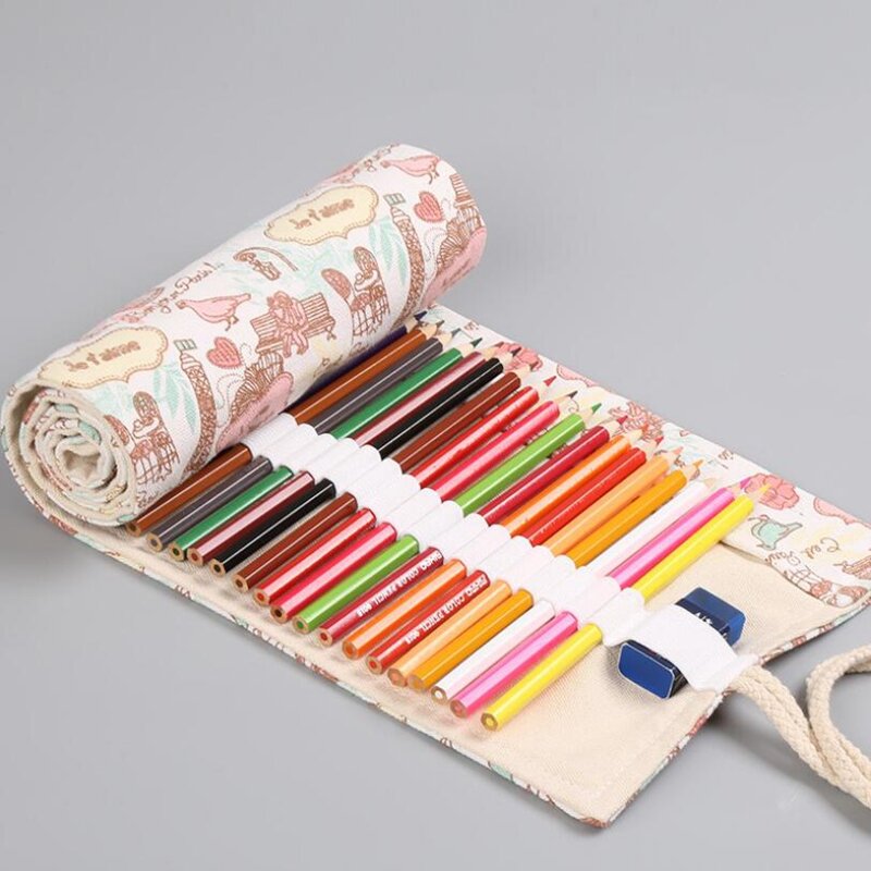 ผ้าใบโรงเรียนดินสอ 12/24/36 หลุมม้วนPencilcaseขนาดใหญ่น่ารักดินสอกรณีสำหรับหญิงแบบพกพาปากกากระเป๋ากระเป๋าเครื่องเขียน
