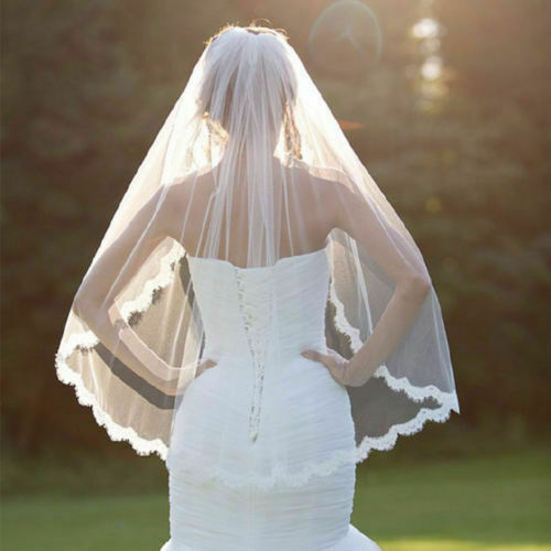 Kerudung pernikahan Fashion baru kerudung siku satu tingkat putih tepi Applique renda